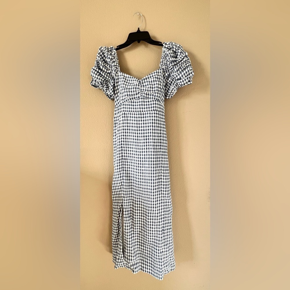 Emerson Fry 100% Linen Gingham Gathered Sleeve Dress - Picture 5 of 14
